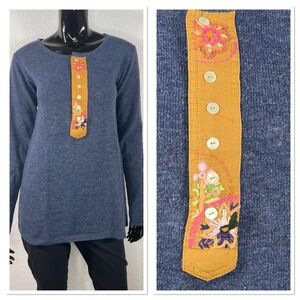 Free People 100% Wool Blue Sweater w/Embroidery 1/2 Button Down Sz S Lightweight